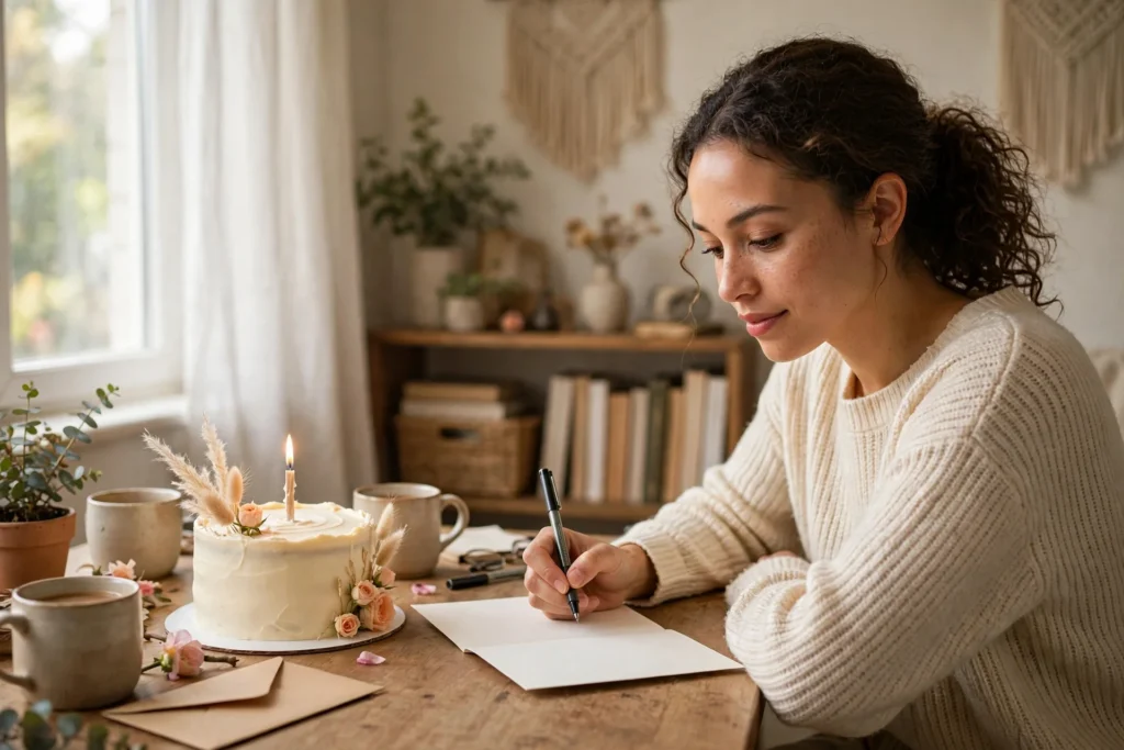 Woman writing a thoughtful birthday card at a sunlit desk