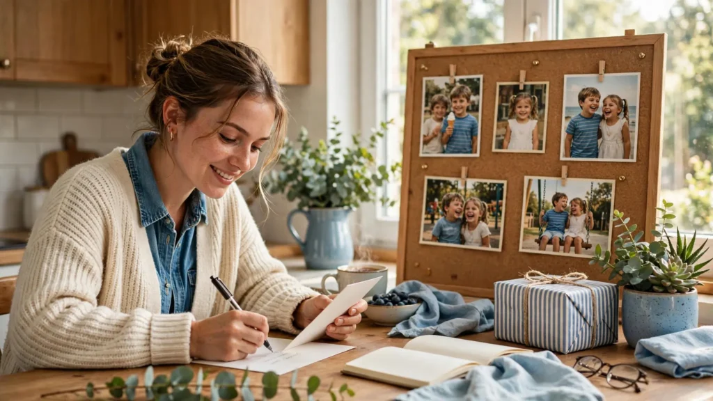 Person writing a heartfelt birthday card for friend at a cozy decorated table
