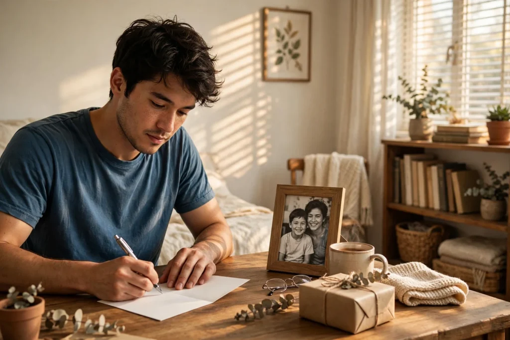 Young man writing a birthday card at a sunlit desk beside a framed family photo and gift