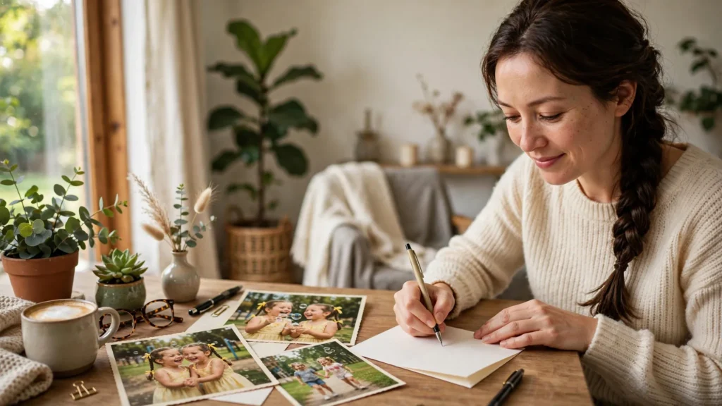 Person writing a heartfelt birthday card for sister at a cozy decorated table