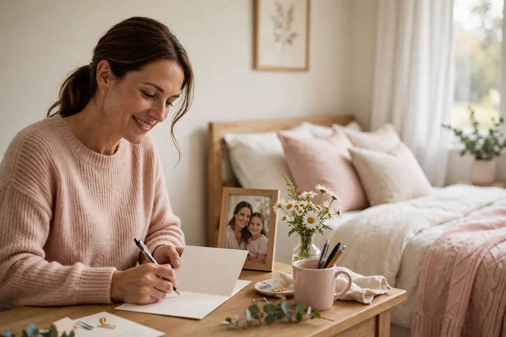 Mother writing a birthday card beside a framed photo of her with her daughter