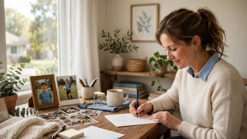 Person writing a heartfelt birthday card for son at a cozy decorated table