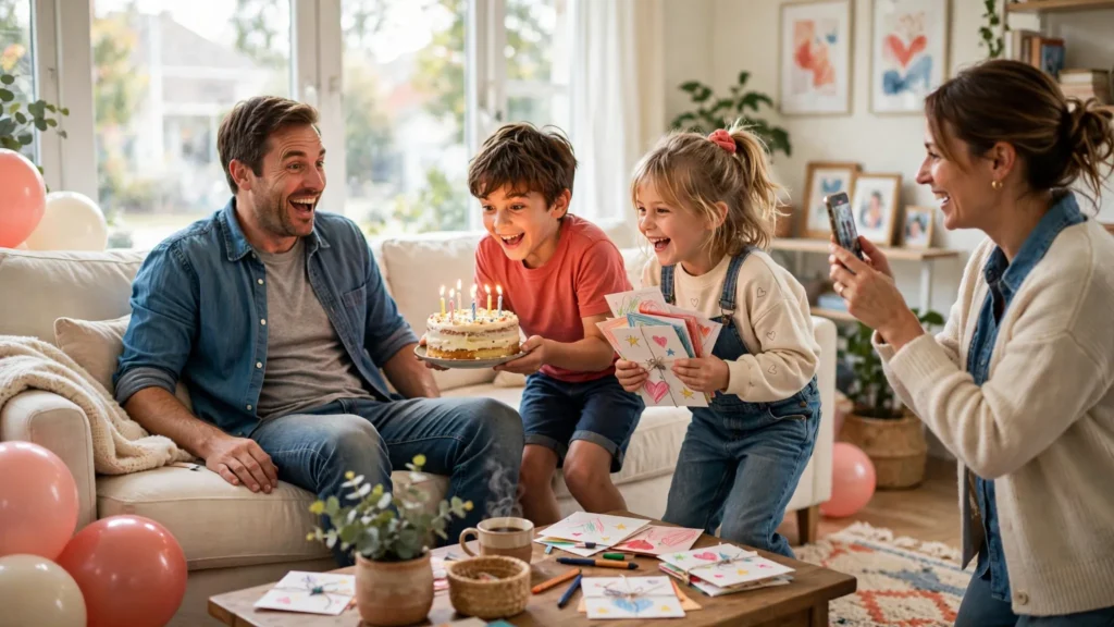 Beautiful birthday wishes for father celebration with family gathered around a birthday cake
