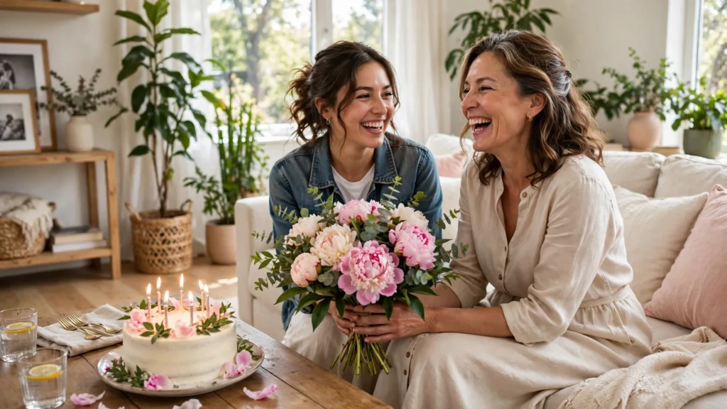 Daughter giving birthday wishes for mother with pink peonies and a candle-lit cake