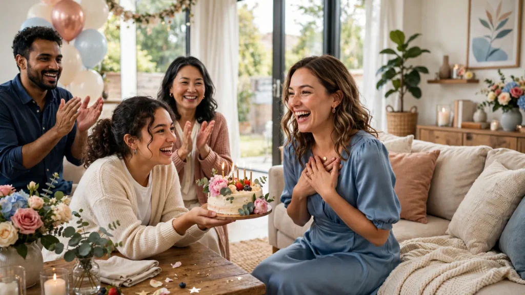 Beautiful birthday wishes for sister celebration with family gathered around a birthday cake