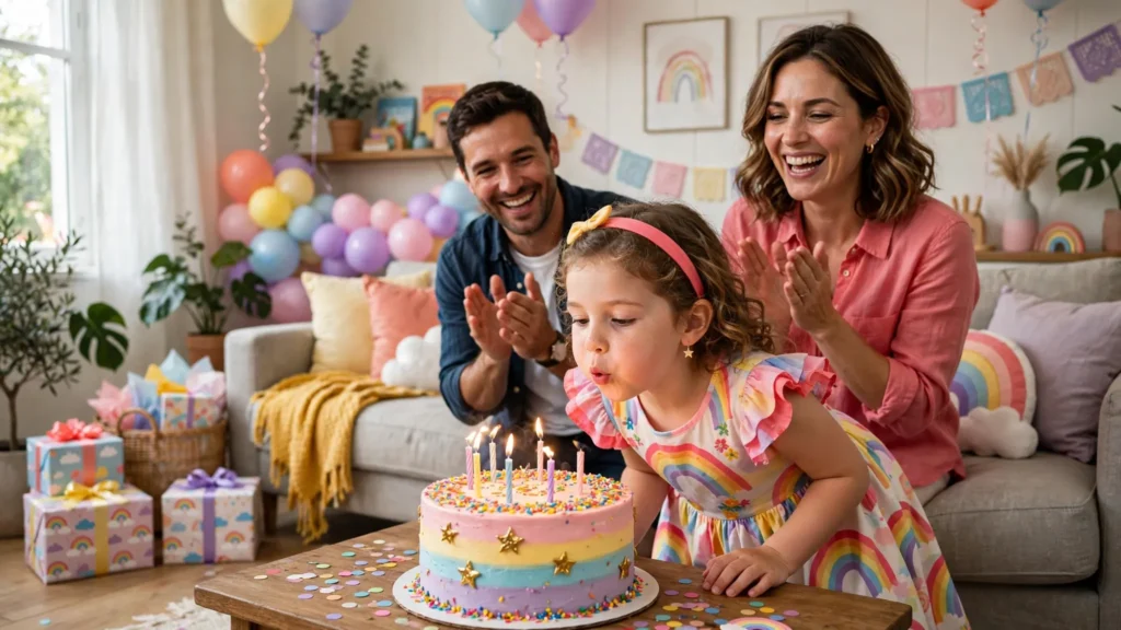 Parents cheering as their daughter blows out candles with birthday wishes for daughter