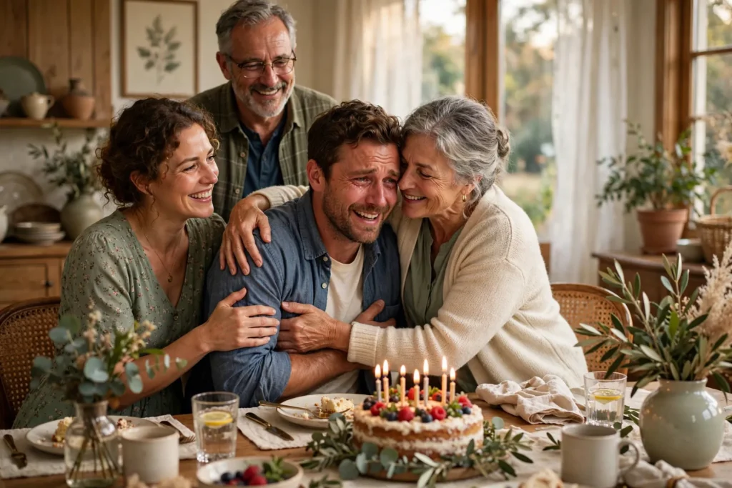 Beautiful birthday wishes for son celebration with family gathered around a birthday cake