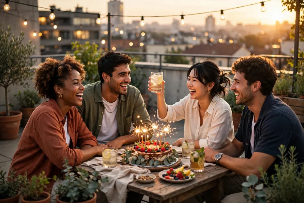 Best friends laughing together at a rooftop birthday party