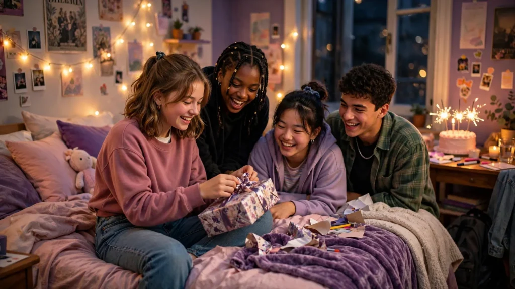 Teen girl opening a birthday gift with friends in her fairy-lit bedroom