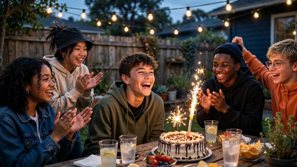 Friends laughing together while celebrating son birthday with gifts