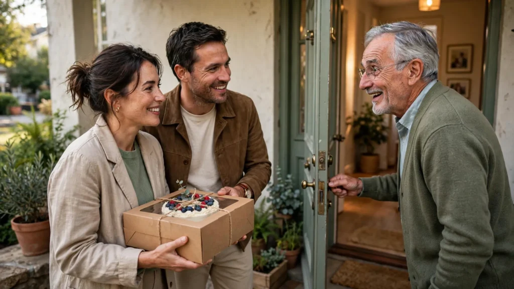 Friends laughing together while celebrating father birthday with gifts
