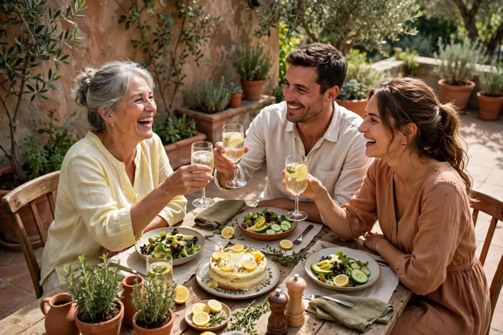 Family raising glasses in a sunny outdoor birthday lunch with lemon cake