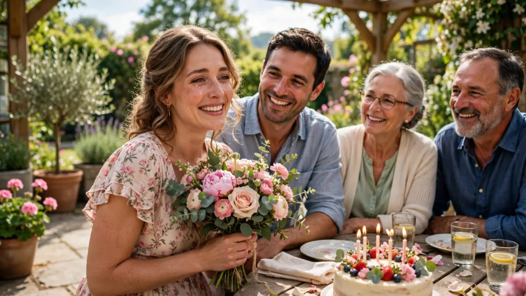 Friends laughing together while celebrating sister birthday with gifts