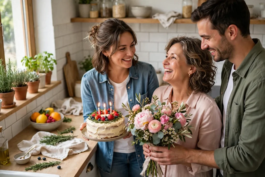 Mom smiling as her family presents birthday flowers and cake