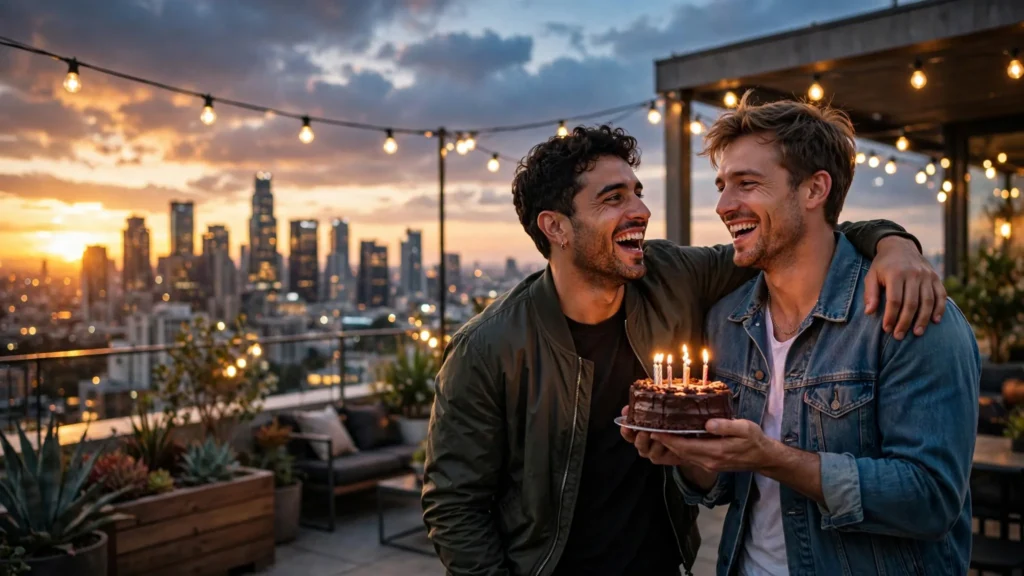 Warm friend birthday moment with balloons and happy smiles