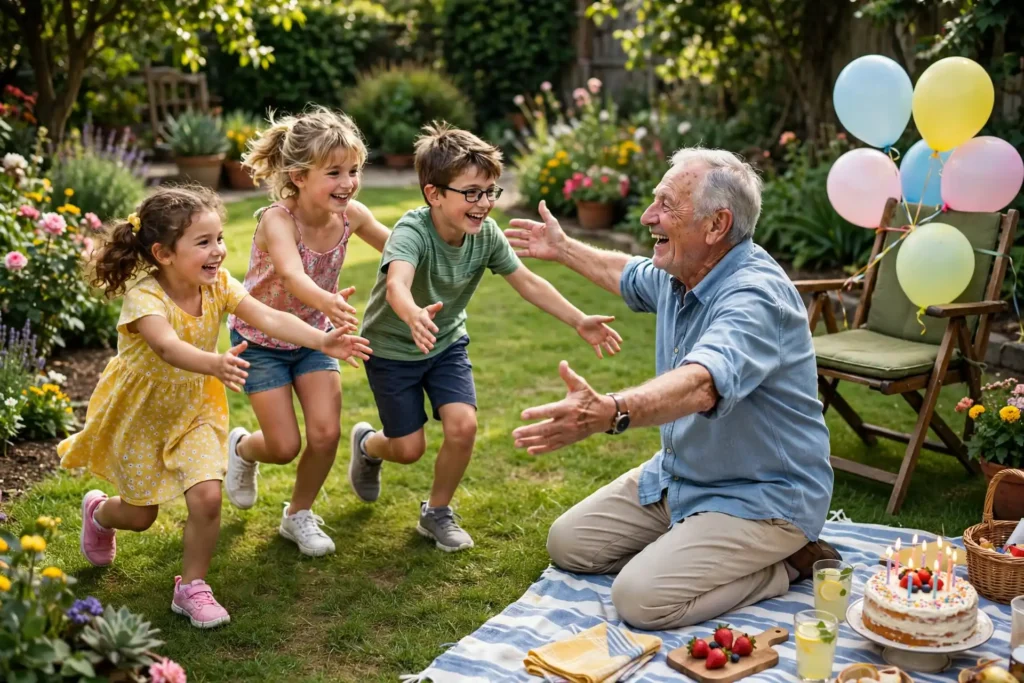 Warm father birthday moment with balloons and happy smiles