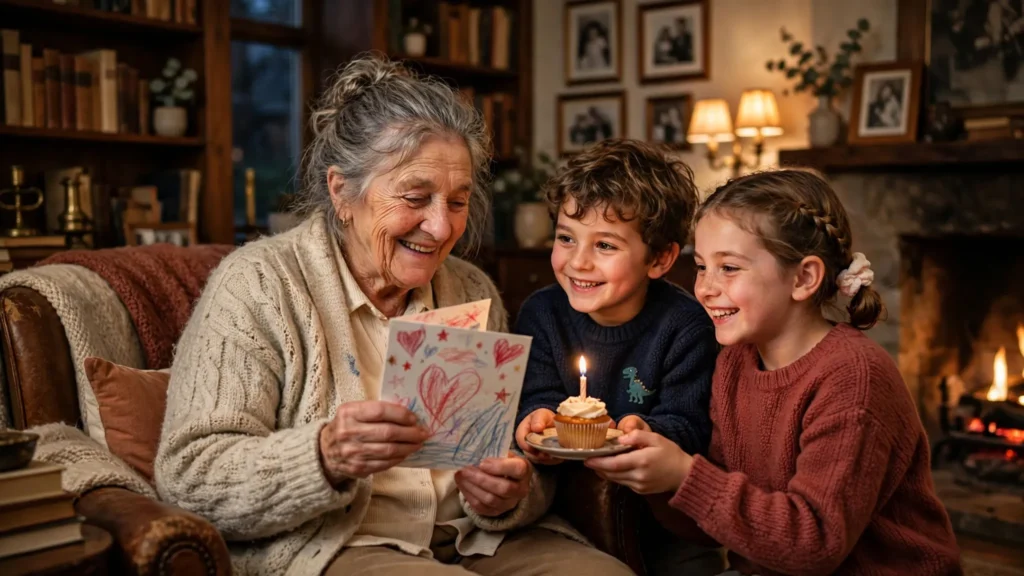 Grandmother reading a handmade card with grandchildren holding a birthday cupcake by the fireplace