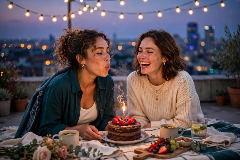 Warm sister birthday moment with balloons and happy smiles